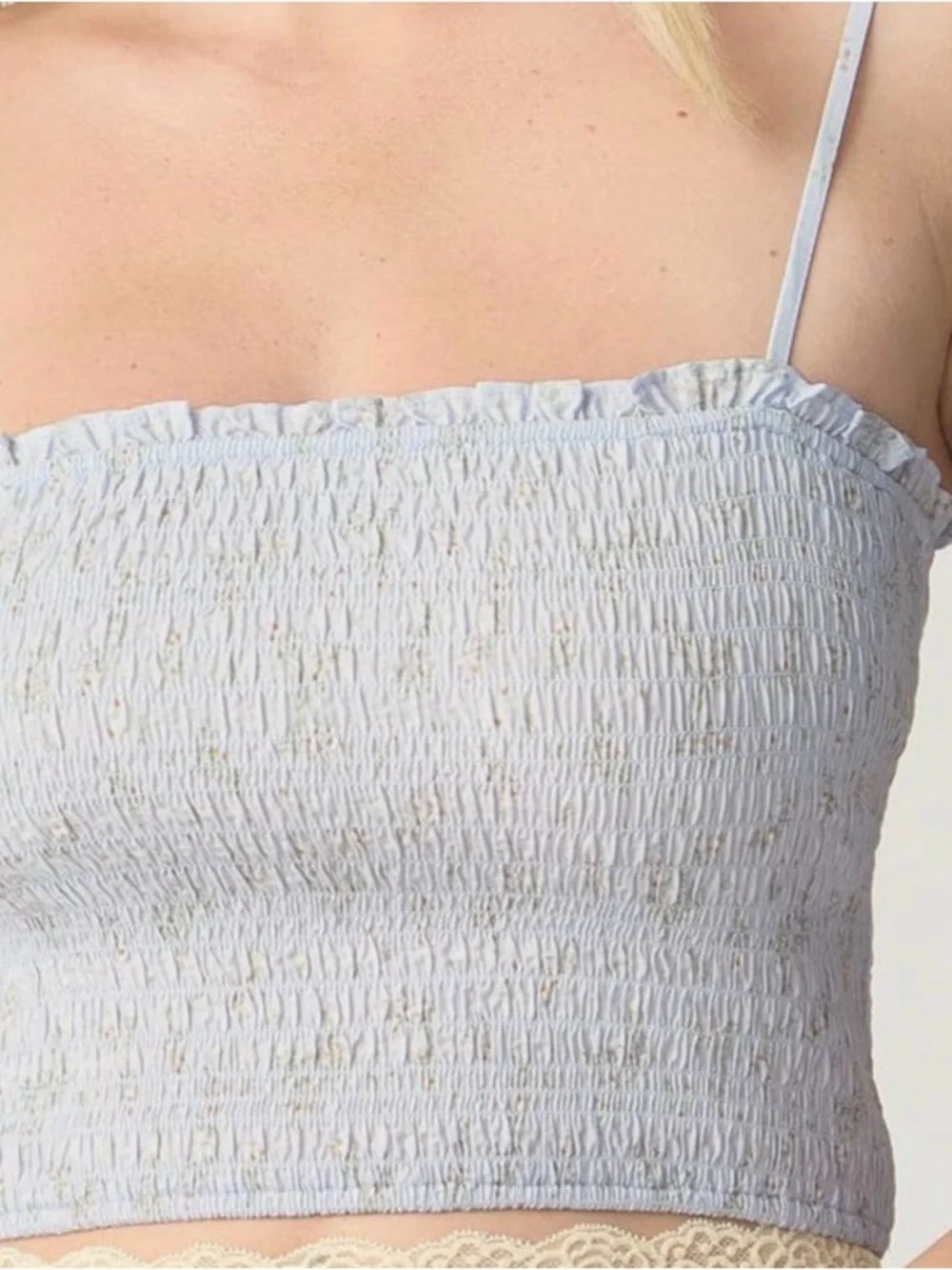 Pale Blue Smocked Spaghetti Strap Crop Top